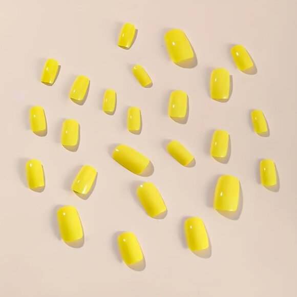 24pcs Short Square Press-On Nails - Pure Yellow Matte Finish with Jelly Glue - Picture 2 of 4